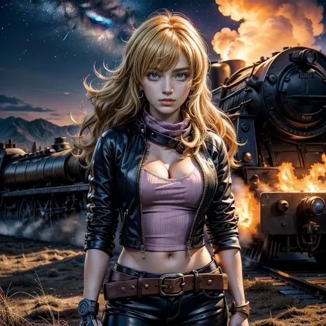 nighttime, stars, yangxiaolong, yang xiao long, long hair, blonde hair, (purple eyes:1.3), ahoge, bangs, BREAK cleavage, jacket, black pants, belt, mechanical arms, single mechanical arm, prosthesis, prosthetic arm, BREAK outdoors, standing in field, broke...