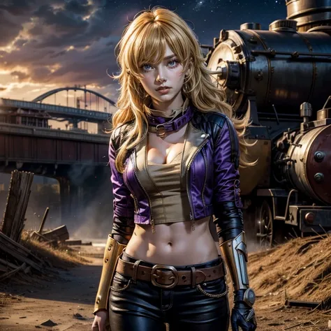 nighttime, stars, yangxiaolong, yang xiao long, long hair, blonde hair, (purple eyes:1.3), ahoge, bangs, BREAK cleavage, jacket, black pants, belt, mechanical arms, single mechanical arm, prosthesis, prosthetic arm, BREAK outdoors, standing in field, broke...