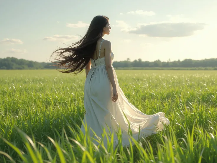 One adult girl,black hair,white dress,on green field,tall grass,day,sky