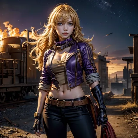 nighttime, stars, yangxiaolong, yang xiao long, long hair, blonde hair, (purple eyes:1.3), ahoge, bangs, BREAK cleavage, jacket, black pants, belt, mechanical arms, single mechanical arm, prosthesis, prosthetic arm, BREAK outdoors, standing in field, broke...