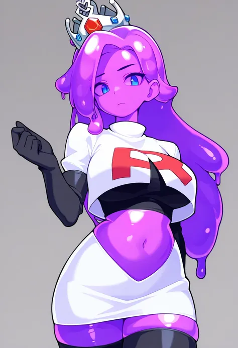 masterpiece, best quality, 1girl, solo, looking at viewer, queenslime, long hair, crown, colored skin, slime girl, large breasts, curvy, purple hair, team rocket,team rocket uniform,white skirt,red letter R,crop top,black thigh-highs,black elbow gloves, co...