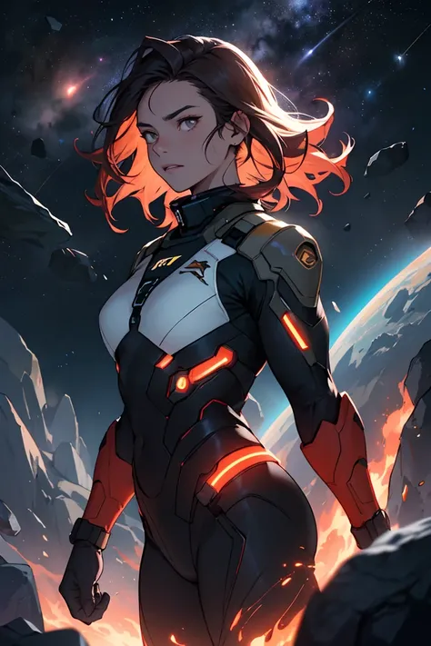 Draw a young woman,  floating in the middle of an asteroid belt., surrounded by several asteroids glowing with fiery auras. Dramatic lighting from distant stars and planets illuminates the scene, casting deep shadows on the suit. The young woman looks conf...