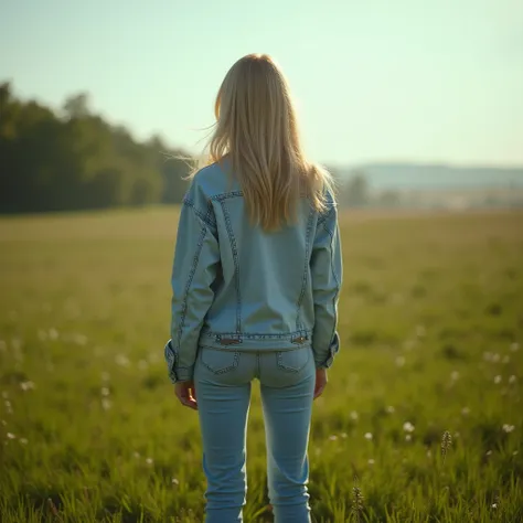 8K.  Blonde woman with long hair ,  thin with perfect full body completely behind your back to the camera you can't see his face, with denim jacket and jeans color light blue , sports shoes color black , midday, Clear day in the field. The photograph is ta...