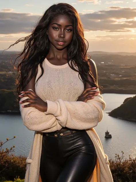 Foreground: a gorgeous ebony woman, age 23, wet wavy hair in the wind. she's a men magazine model, She has a subtle smile and flirts with the camera, (she wears casual shirt with a long wool sweater and latex leggings:1.2),background landscape of Scotland ...