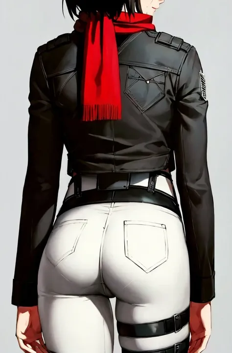 (((Only the buttocks are stained with black color paint.)))
masterpiece, Highest quality, High resolution, mikasa ackerman,Hmm., short hair, iris, scarf, Symbolism, belt, Thigh straps, red scarf,Brown jacket, Long sleeve, Cowboy Shot, Are standing, From be...