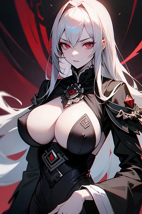  an imperial general,  silver hair, crimson eyes,  giant breasts garments, pale skin, Cool character  