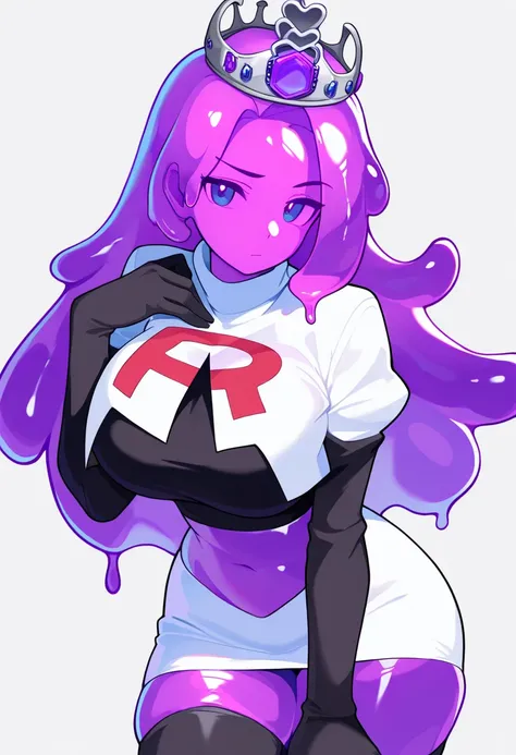 masterpiece, best quality, 1girl, solo, looking at viewer, queenslime, long hair, crown, colored skin, slime girl, large breasts, curvy, purple hair, team rocket,team rocket uniform,white skirt,red letter R,crop top,black thigh-highs,black elbow gloves, co...