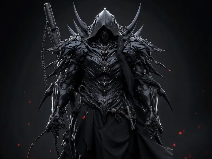 Male,knight, black devil armour, black helmet,black background,katana,spikes,one person,destroyed armour, shotgun on the belt,chains on armour 