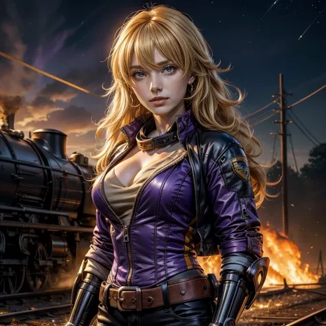 nighttime, stars, yangxiaolong, yang xiao long, long hair, blonde hair, (purple eyes:1.3), ahoge, bangs, BREAK cleavage, jacket, black pants, belt, mechanical arms, single mechanical arm, prosthesis, prosthetic arm, smile, BREAK outdoors, standing in field...