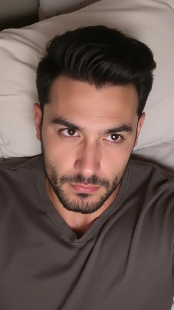 very handsome young turkish guy with muscle, dark short hair fade and goatee selfie and  he is in bed his head is on pillow and looks left he wearing a basic tshirt selfie amateur selfie