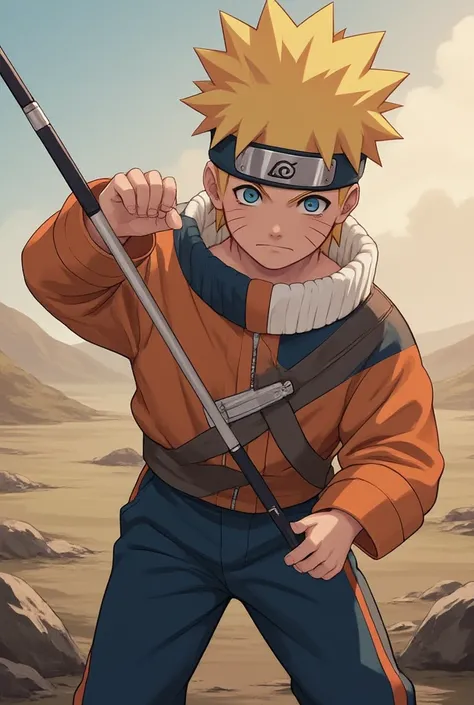 Realistic, Masterpiece, High Quality, High Resolution, High Definition, 8k, (((Cowboy Shot, Front View, Battoujutsu Stance Pose))), Wasteland, Day, (((1 Boy))), (((Anime Style))), (((Super Powers))). Naruto Uzumaki using A metal sword, emitting an aura of ...