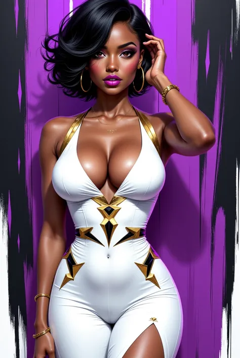 This image is a vibrant, stylized digital illustration of a woman in a dynamic, contemporary art style. The woman has a deep brown skin tone and is depicted in a confident pose, with one hand resting on her hip and the other hand touching her hair. She has...