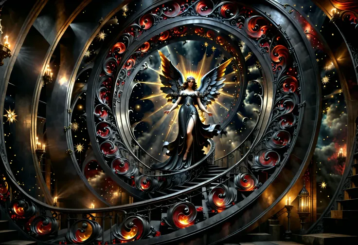  big winged glowing angel in a medieval tower 、Mysterious、  there is a beautiful angel walking on a spiral black staircase, Of a medieval tower ,    the angel's eyes are glowing red  , It&#39;s night,   there is a crescent moon and stars high resolution  ,...