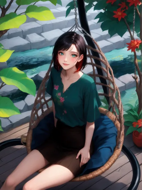 cute young woman, smiling, sitting on nest swing, rice field scenery, BREAK, (black hair, multicolored streaked hair, multicolored hair), BREAK, ( teal-green collarless shirt, floral pattern on shirt, dark-brown denim pencil mini skirt, BREAK, (1girl, solo...