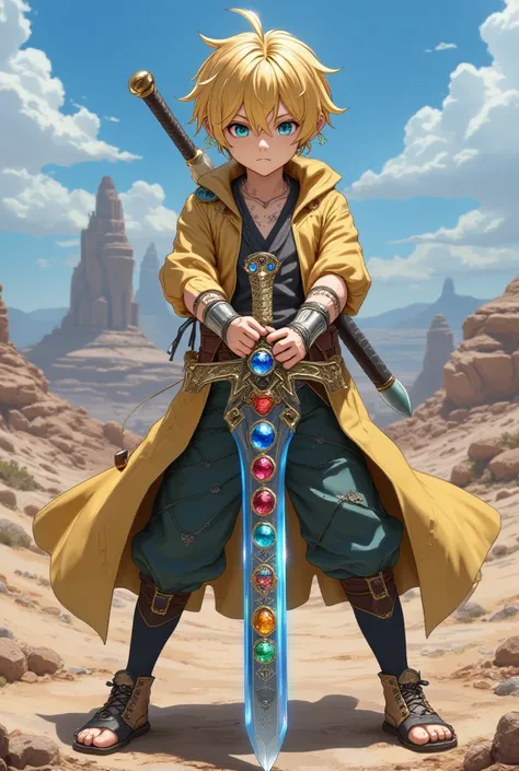 Realistic, Masterpiece, High Quality, High Resolution, High Definition, 8k, (((Cowboy Shot, Front View, Battoujutsu Stance Pose))), Wasteland, Day, (((1 Boy, blue eyes, yellow hair))), (((Anime Style))), (((Super Powers))). Naruto Uzumaki using A metal swo...