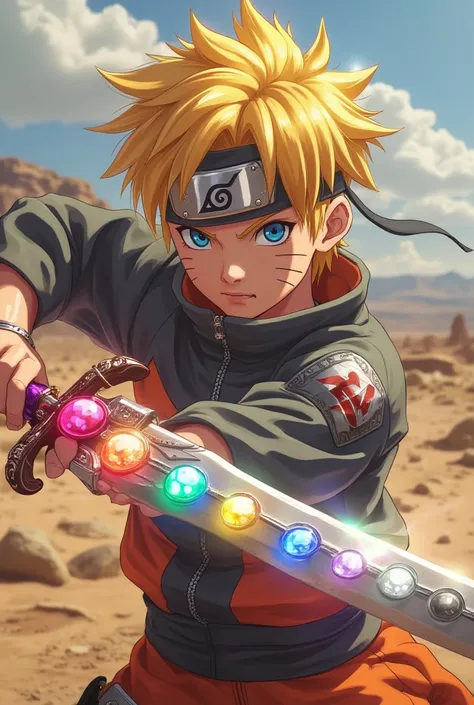 Realistic, Masterpiece, High Quality, High Resolution, High Definition, 8k, (((Cowboy Shot, Front View, Battoujutsu Stance Pose))), Wasteland, Day, (((1 Boy, blue eyes, yellow hair))), (((Naruto Anime Style))), (((Super Powers))). Naruto Uzumaki using A me...