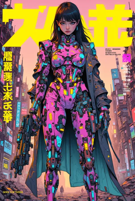 ((manga (((magazine cover))) illustration) of (perfect Asian cyborg girl wearing a detailed cybernetic plug suit and holding a rifle)), (Machine Body), ((LED lights)), ((wearing tattered cloak)), warm colours, ((Japanese text)), RUINED CITYSCAPE BACKGROUND...