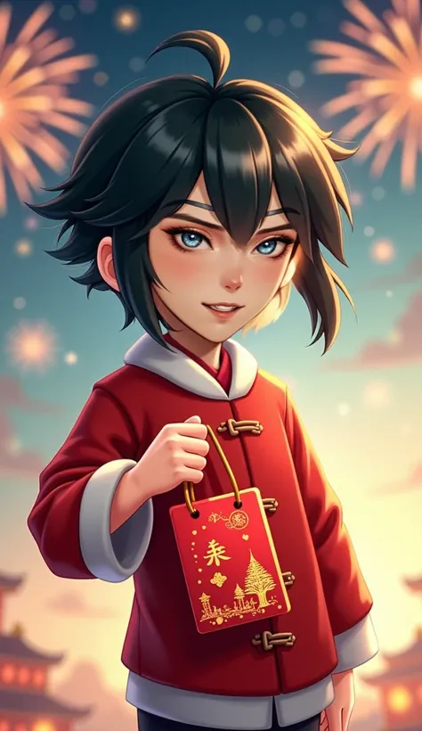 The background has a New Year atmosphere with fireworks. The character is a young boy with a black flowing bob, green eyes, a delicate face smiling, wearing red and white New Year clothes, holding a red envelope bag in his hand