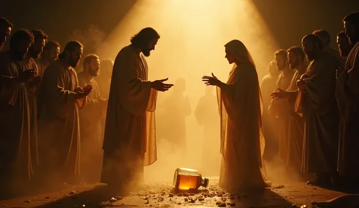 A cinematic composition where Jesus and Mary are illuminated by a soft, divine light, symbolizing the spiritual significance of the moment. The disciples are in the shadows, their expressions puzzled or critical. The broken alabaster jar lies on the ground...