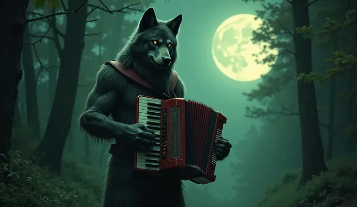  a werewolf,  it appears in the center of the image amidst the green trees, and illuminated by the full Moon .  is playing He is standing in the center of the image ,  Bright yellow eyes.  he's tall and strong , And accordion . Holding an accordion
Realist...