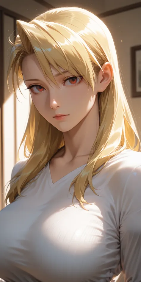 Masterpiece, newest, mature woman, riza hawkeye, slim, upper body, long sleeve shirt, ultra detailed, highres, best quality, dynamic lighting, home, portrait, semrealistic