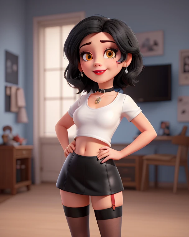 1femboy,  black hair,  straight hair ,  short hair, brown eyes, thick lips, small,  long lashes, black choker, adult,  black eyeliner , red lips, blue eyeshadow ,  looks at the viewer,  piercing in the navel, sweet smiling look 
SMASH
solo ,  standing, sma...