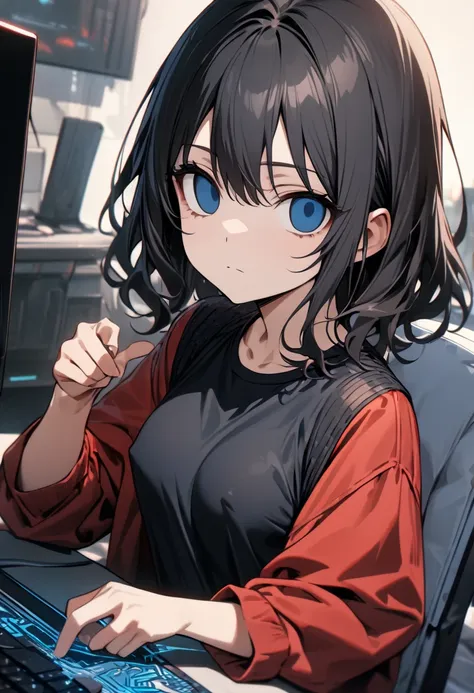  ( empty eyes, young girl ), (expressionless face, ), (point of viewer), (absurdres, masterpiece, best quality, ultra detailed), japanese, cool, niji, computer, black hair, blue eyes, cybernetic, casual clothing, middle breasts, (covered nipples), ( yamabu...