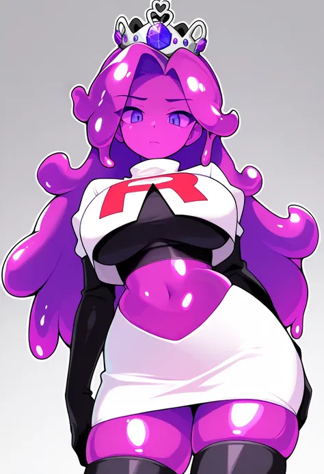 masterpiece, best quality, 1girl, solo, looking at viewer, queenslime, long hair, crown, colored skin, slime girl, large breasts, curvy, purple hair, team rocket,team rocket uniform,white skirt,red letter R,crop top,black thigh-highs,black elbow gloves, co...