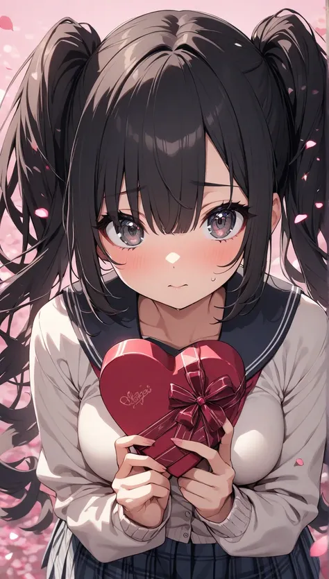 portrait、 Valentine、 pink background、Holding a box of wrapped chocolates in both hands、 girl 、 shameful expression 、school uniform, Cardigan、 check skirt、petals effects、spoken heart、from front、( slim, cute young woman,  medium breasts, black hair、  twin ta...