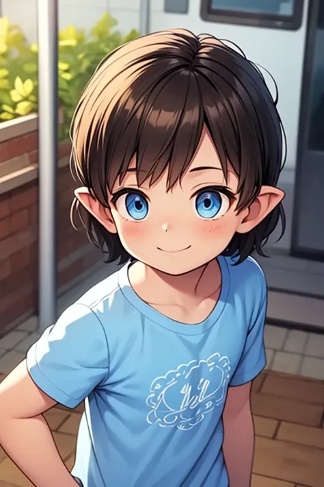 A boy has an ears ears, a blue eyes shirt, looks happy, wonderful 