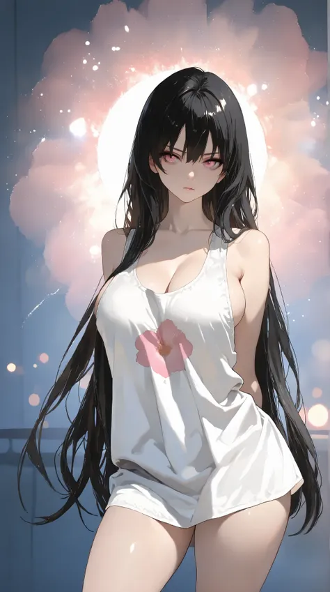 A beautiful waifu named Nezuko Komado with pink eyes, long flowing black hair, large breasts, and thick thighs, standing in a relaxed contrapposto pose with her hands behind her back, she’s facing viewer straight, having a dramatic, neutral expression on h...