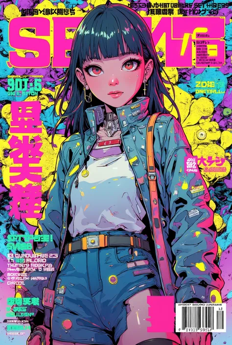 ((manga (((magazine cover))) illustration) of (beautiful cyberpunk girl wearing cyberpunk street style clothing))), cute smiling Japanese girl, (very detailed linework), ((katsuhiro otomo art style)), comic book colours, ((Japanese text)), barcode.