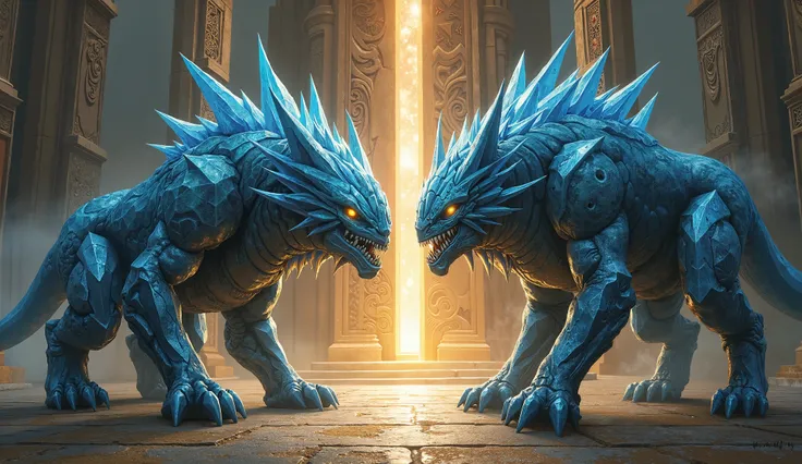 an illustration of 2 fragmented (card game creatures:  magic the gathering ), with diamond armor, facing each other guarding the doors of a Comboyan temple