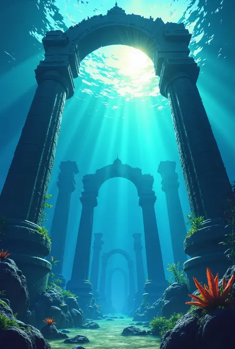 . ** Perspective and Structure :**
   - ** Underwater View :**  from bottom to top , as if you are tivesse explorando as profundezas das ruínas submersas.
   - **towering ruins:** Ancient and imposing structures that show signs of wear and tear by time and...