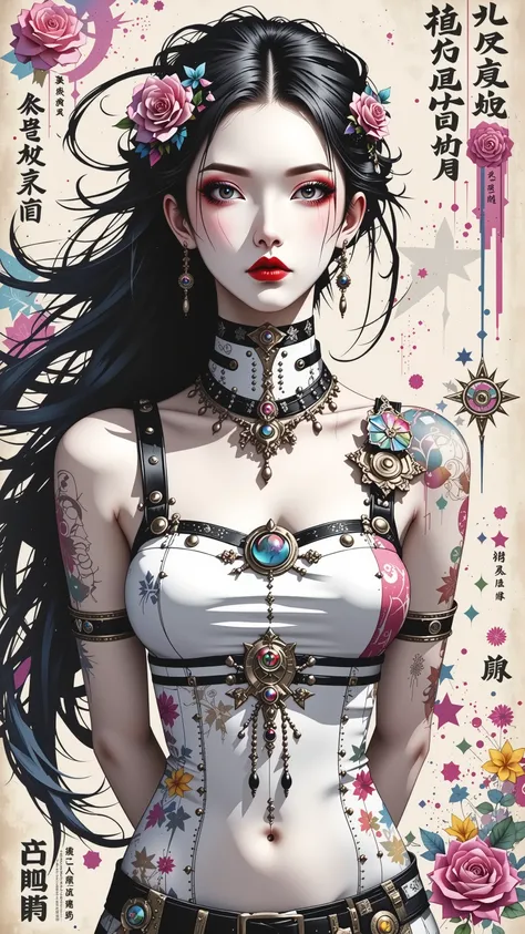 A beautiful waifu named Nezuko Komado with pink eyes, long flowing black hair, large breasts, and thick thighs, standing in a relaxed contrapposto pose with her hands behind her back, she’s facing viewer straight, having a dramatic, neutral expression on h...