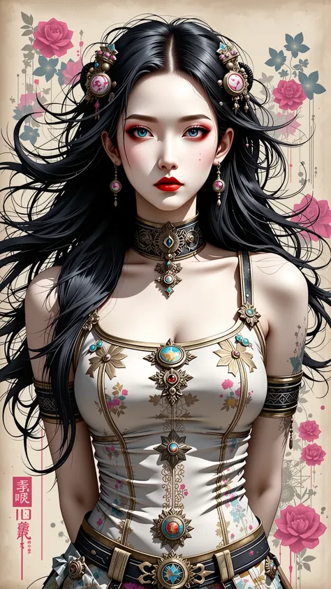 A beautiful waifu named Nezuko Komado with pink eyes, long flowing black hair, large breasts, and thick thighs, standing in a relaxed contrapposto pose with her hands behind her back, she’s facing viewer straight, having a dramatic, neutral expression on h...