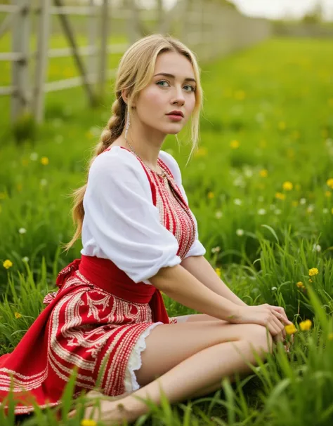 beautiful Slavic girl , dressed in a traditional Slavic dress,  sexy face, Sits in the field , the whole body in the frame,  bare hips , anime frame,  side view