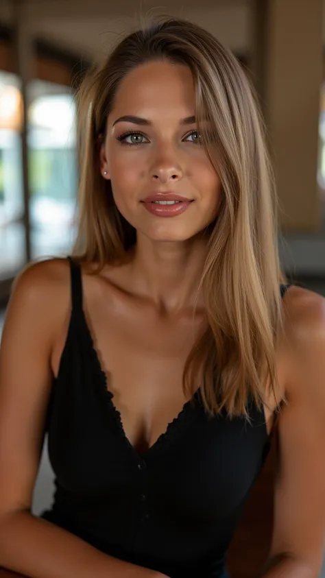 This is a beautiful  closeup photograph of a woman, she has long straight blonde hair swept to one side and dark blue eyes.  Wearing a form fitting  black dress,  Sitting in a cafe. Flirting at the viewer. Smile, Captured with a Sony A7R IV camera and a 50...