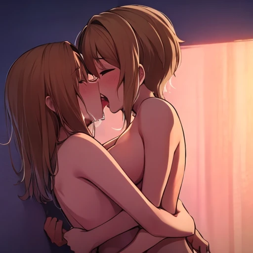  2 naked girls kiss and cuddle together, Both have nothing on and are wet , Kiss is with tongue and rubbing her breasts together 