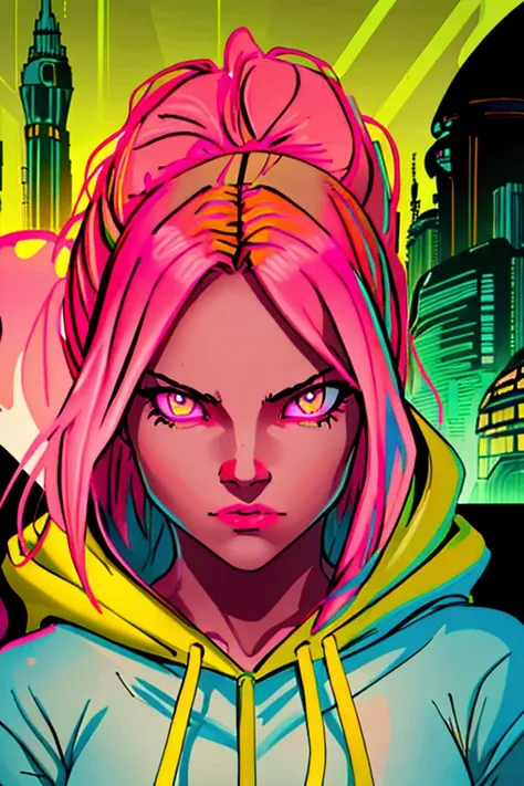 1girl, solo, solo focus, medium full shot, portrait, oversized hoodie, aqua green and white hoodie, half aqua, half green, brown and yellow gradient hair wavy hair, ((pink eyes)), hyper detailed eyes, tan, best quality, ultra-detailed, apocalyptic city in ...