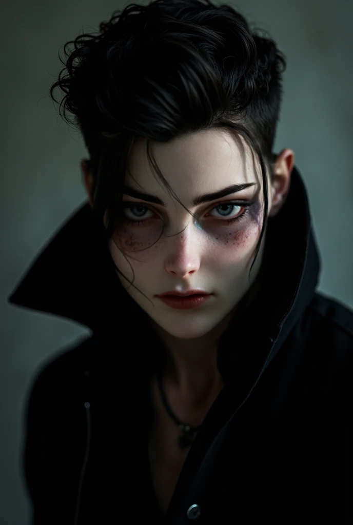 Man with Black Hair as Night,  ruby red eyes ,  with an intensity that seems to pierce the soul . Skin as clear as the full moon ,  with a pale tone that highlights his demonic beauty . handsome and elegant,  with fine and defined features . straight nose,...