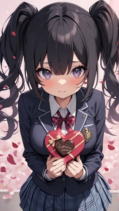 portrait、1人の girl 、 Valentine、 pink background、Holding a box of wrapped chocolates in both hands、 girl 、 shameful expression 、school uniform, Navy blue blazer、 check skirt、petals effects、spoken heart、from front、( slim, cute young woman,  medium breasts, bl...