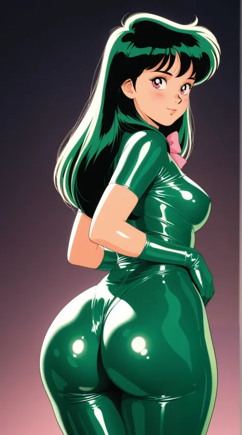 best quality, illustrator anime, style retro classic, (masterpiece, Highest quality, Ultra-high resolution), korean girl, green hair, long hair, pink eyes, (green latex bodysuit), The clothes fit perfectly, pink bowtie, latex has a strong metallic sheen, G...