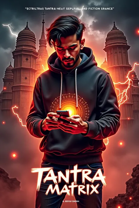 A Bollywood-style movie poster for Tantra Matrix, a supernatural science fiction thriller blending Indian mythology and modern elements. The background features a stormy sky with dark clouds, bolts of lightning in mist. Surrounding the temple are ghostly a...