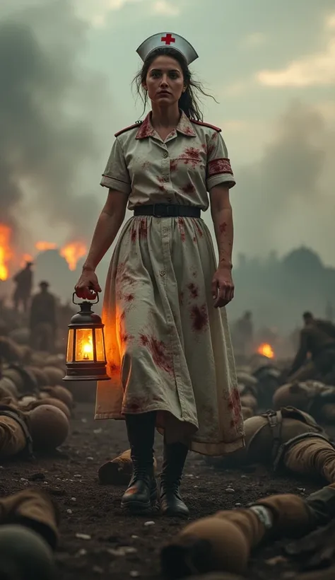 A heroic nurse standing tall amidst a chaotic battlefield, wearing a blood-streaked uniform with a Red Cross armband, holding a lantern that illuminates her determined face, surrounded by wounded soldiers and fallen debris, background of smoke, fire, and a...