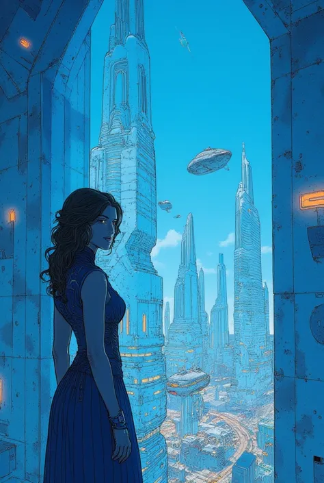 Beautiful woman standing in friont of  a glass wall through which you can see a Science fiction futuristic city, with towering buildings against a blue sky, with a starship. In the style of Jean Giraud art