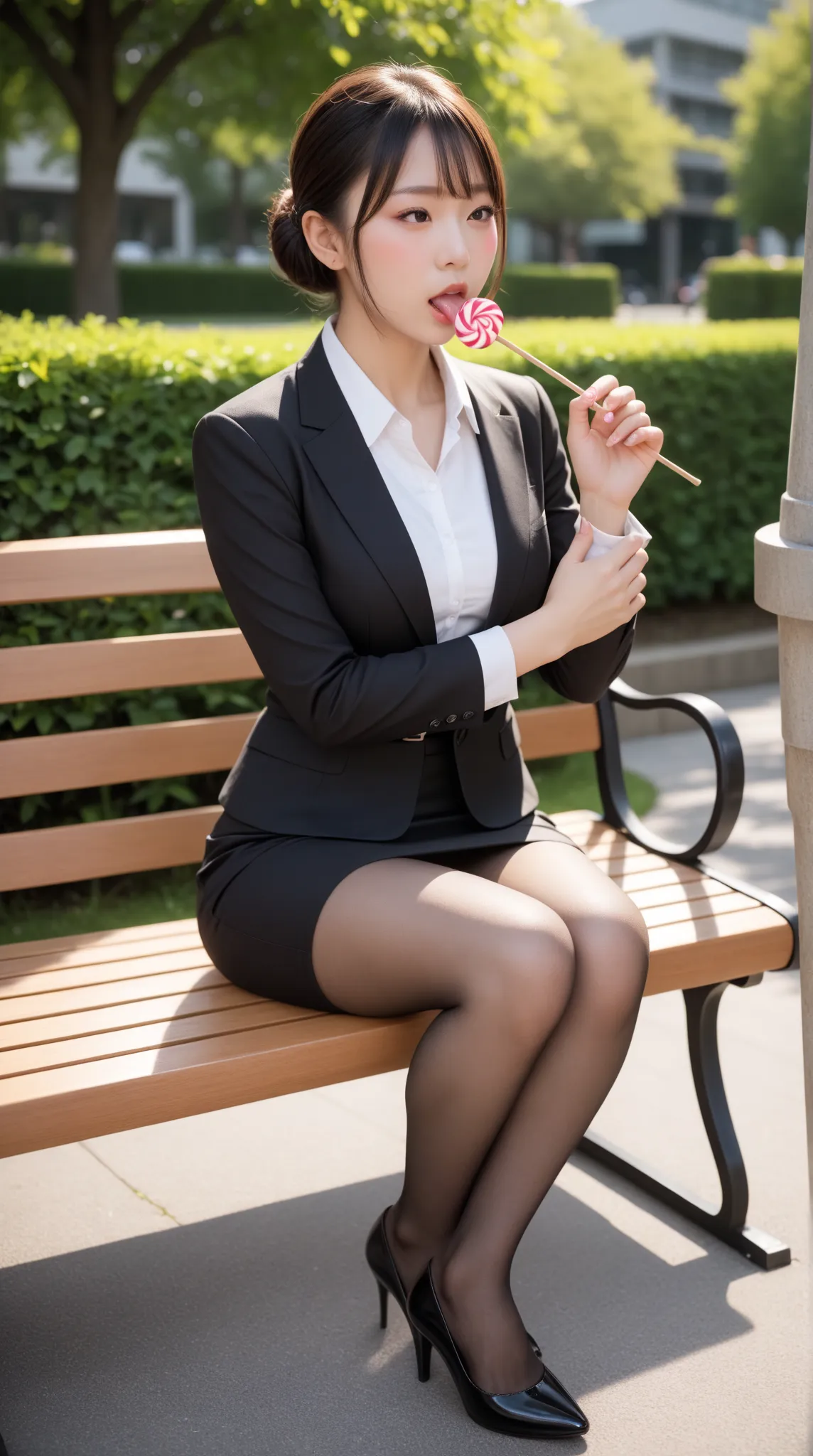 score_9, score_8_up, score_7_up, Super detailed, Break masterpiece, (high quality, ultra detailed, ultra high-resolution, ultra realistic, 32k), (A Japanese beautiful woman), (A woman sitting on a park bench. A Japanese office lady., She licks a stick of c...