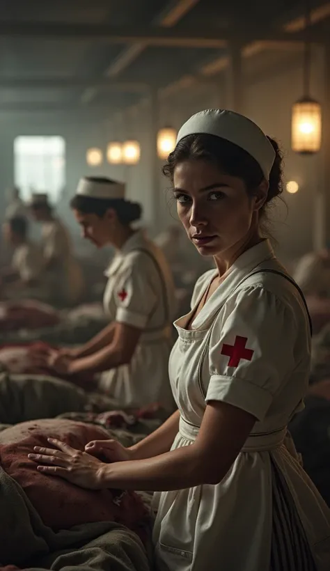 Brave nurses tending to injured soldiers, World War I era, wearing white aprons and Red Cross armbands, in a crowded makeshift hospital with dim lanterns, background of blood-stained beds and chaotic activity, medium shot showing their determination, hyper...