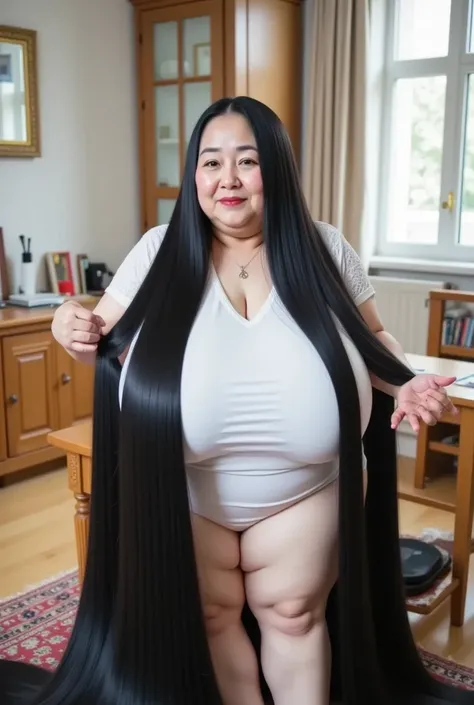 8k,Highest quality, masterpiece, Ultra-high resolution,(masterpiece:1.6, Highest quality), Intricate details,５０A mature woman in her generation shows off her ridiculously long black hair by spreading it on her living room desk,The desk is covered with ridi...