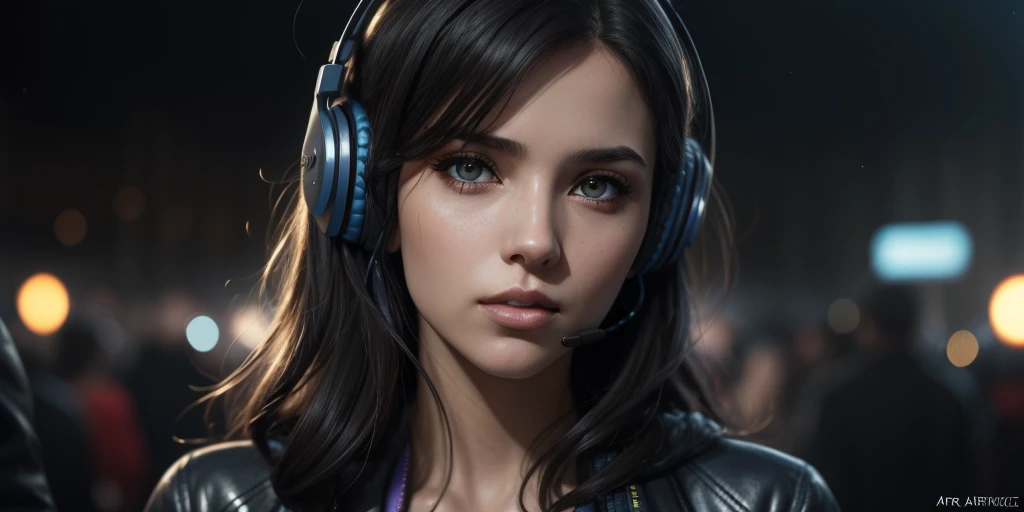 sexy cyberpunk girl in headphones at a rave, realistic mouth, realistic, high definition, detailed and symetric face, detailed and realistic hands, expressive eyes, 4 k, shimmering color, bokeh, art by artgerm ans greg rutkowski and magali villeneuve